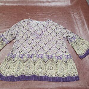 Dressbarn vintage paisley pleated sequined blouse v neck bell sleeve Sz L
